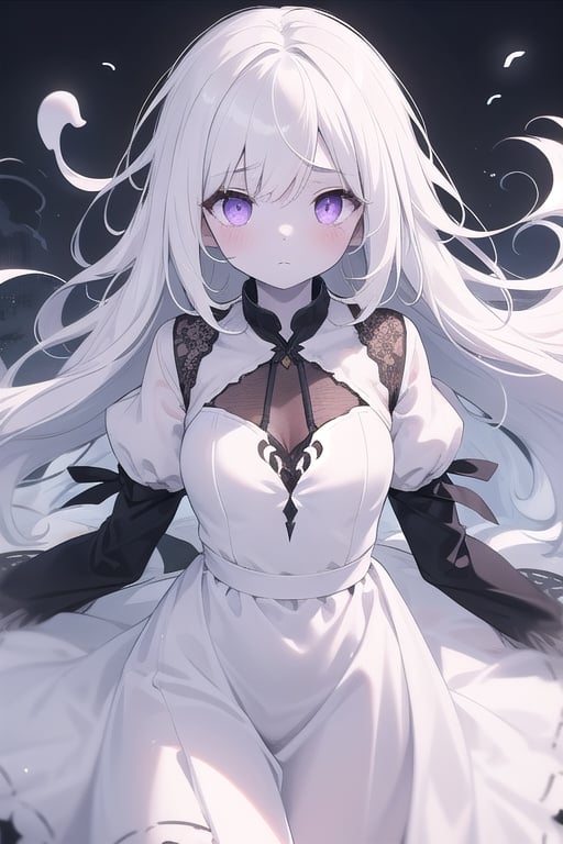 masterpiece, best quality, highres, 1girl, ghost, ghost girl, halloween, white hair, dark eyes, purple eyes, white dress, colored skin, white skin, sad, floating_hair, flowing dress, mist, nighttime