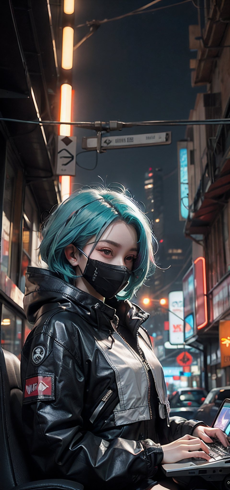 cyberpunk hacker girl, half shaved neon blue hair, glowing high tech mask displaying data, futuristic background, typing intensely