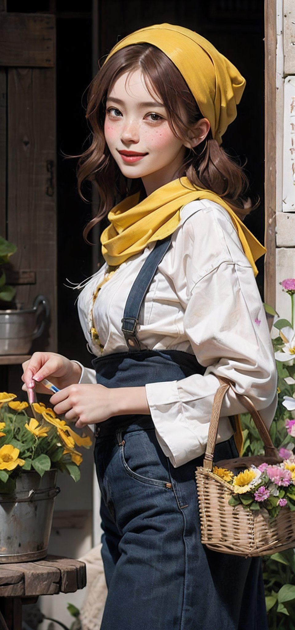 light-hearted painting of smiling peasant girl, loose curly auburn hair, freckles, yellow headscarf, holding flower basket