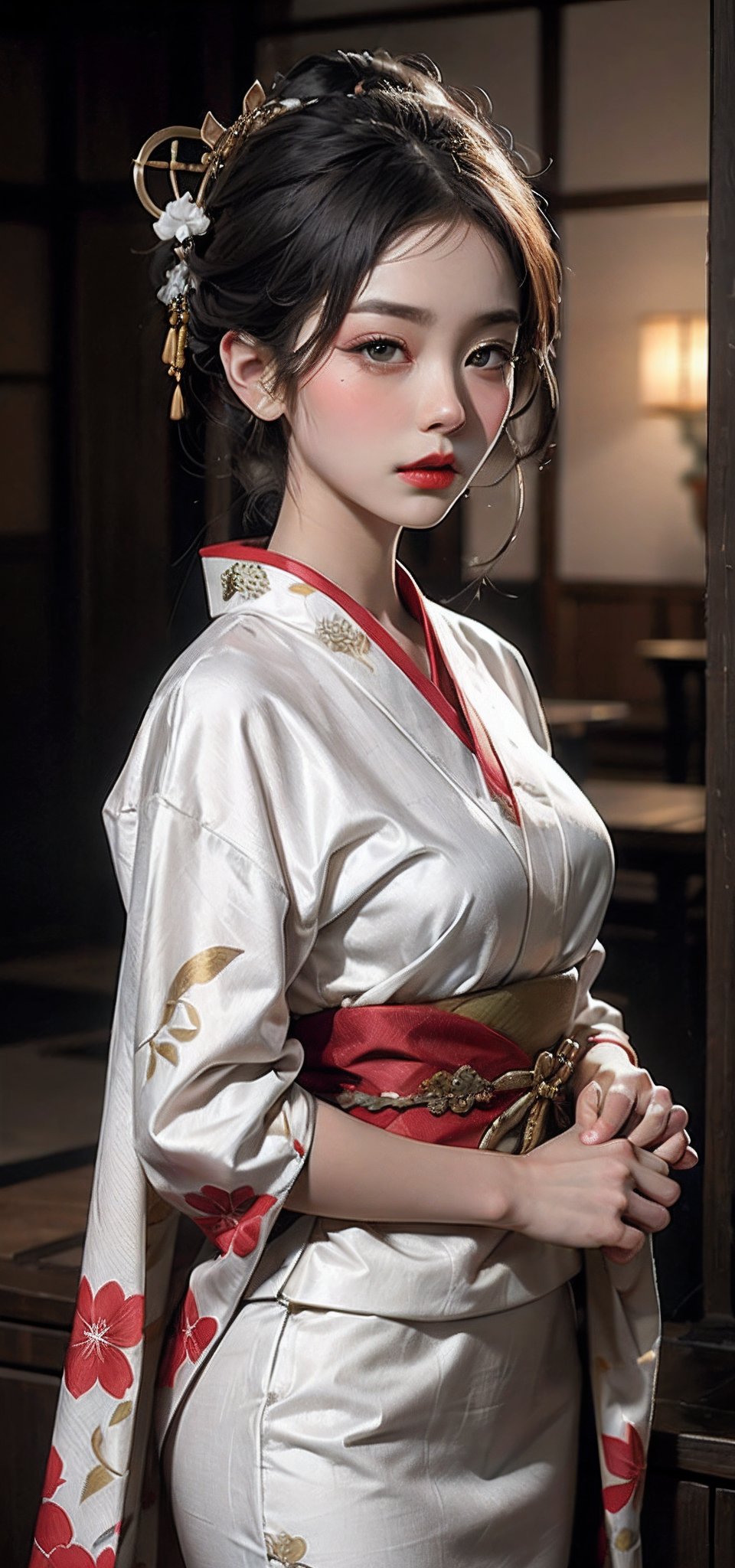 dramatic portrait of geisha in silk kimono, white makeup, red lips, intricate hair decorations, stunning textile patterns, tranquil mood