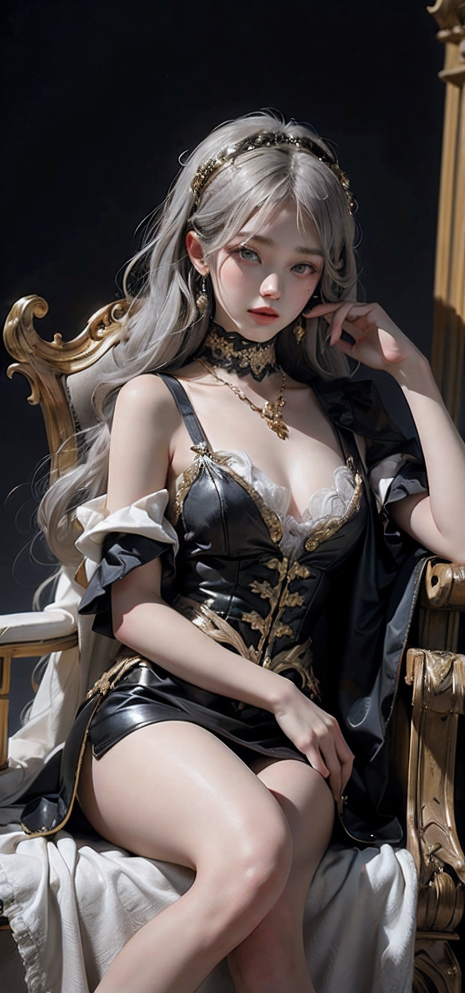 intense close up of androgynous person with smooth silver hair, light gray eyes, wearing bejeweled white masquerade mask, soft features, sitting in baroque gilt chair