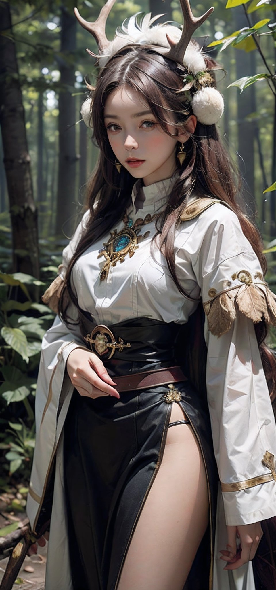 mystical druid priestess in forest, waist-length brown hair adorned with leaves and feathers, antler headdress, wise eyes, connection to nature