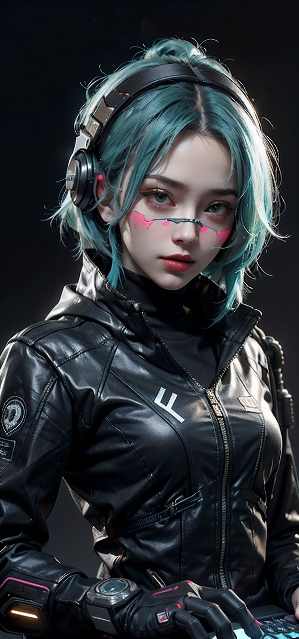 cyberpunk hacker girl, half shaved neon blue hair, glowing high tech mask displaying data, futuristic background, typing intensely