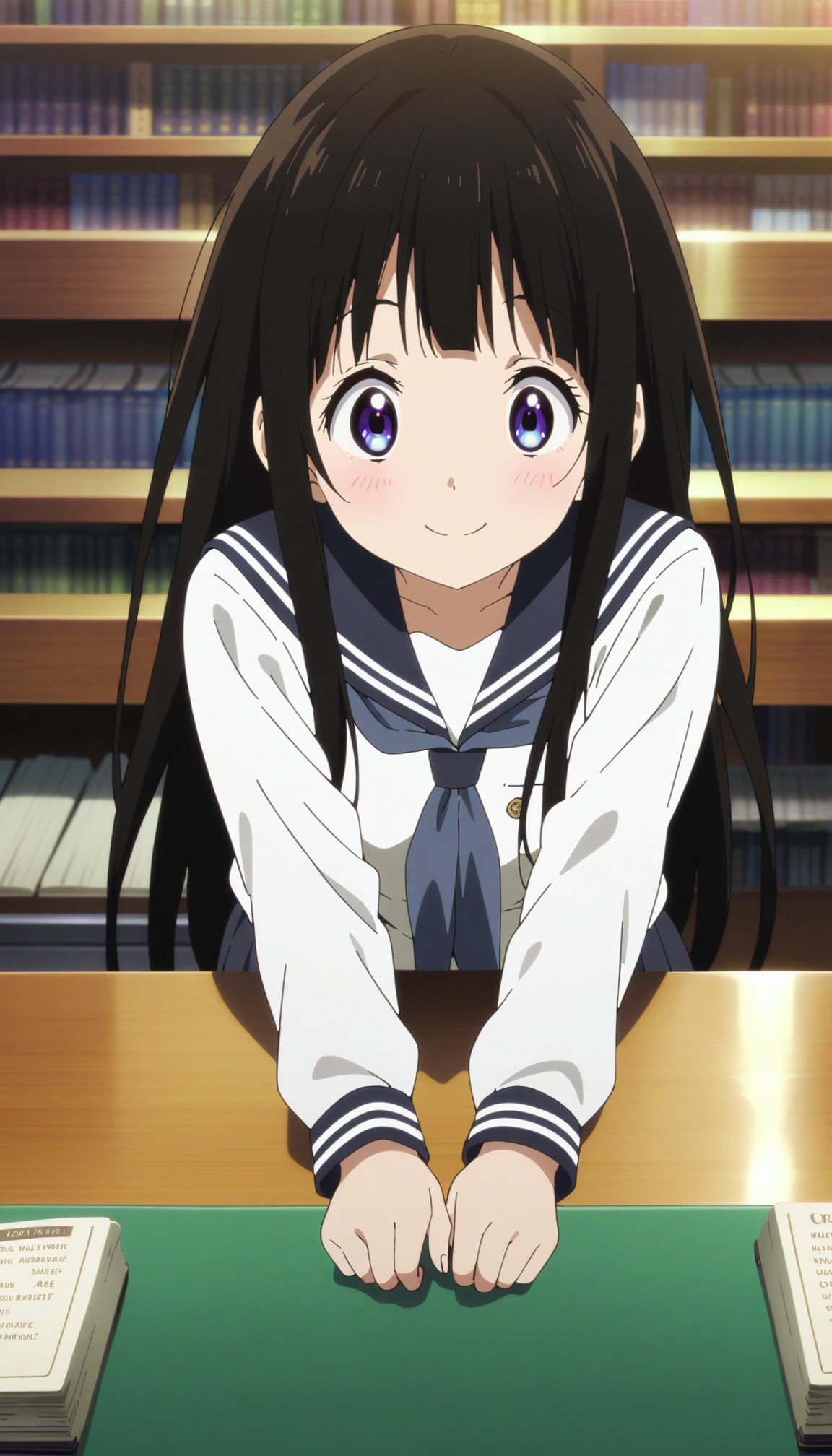 1girl, chitanda eru, hyouka, solo, sitting, hands on table, straight on, long hair, school uniform, long sleeves, smile, library, upper body, masterpiece, best quality, very aesthetic, absurdres, anime screencap, fake screenshot