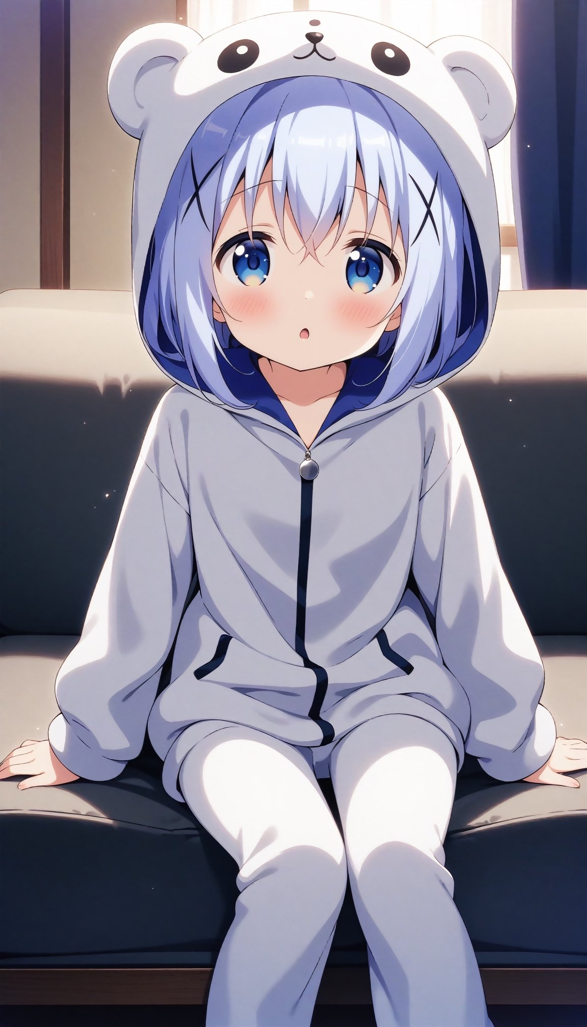 1girl, kafuu chino, gochuumon wa usagi desu ka?, kawaii, blue hair, blue eyes, x hair ornament, :o, bear costume, kigurumi, sitting, couch, living room, straight on, masterpiece, best quality, very aesthetic, absurdres