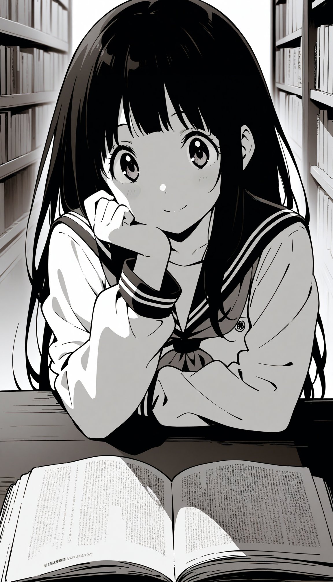 1girl, chitanda eru, hyouka, solo, sitting, hands on table, straight on, long hair, school uniform, long sleeves, smile, library, upper body, monochrome, manga, masterpiece, best quality, very aesthetic, absurdres