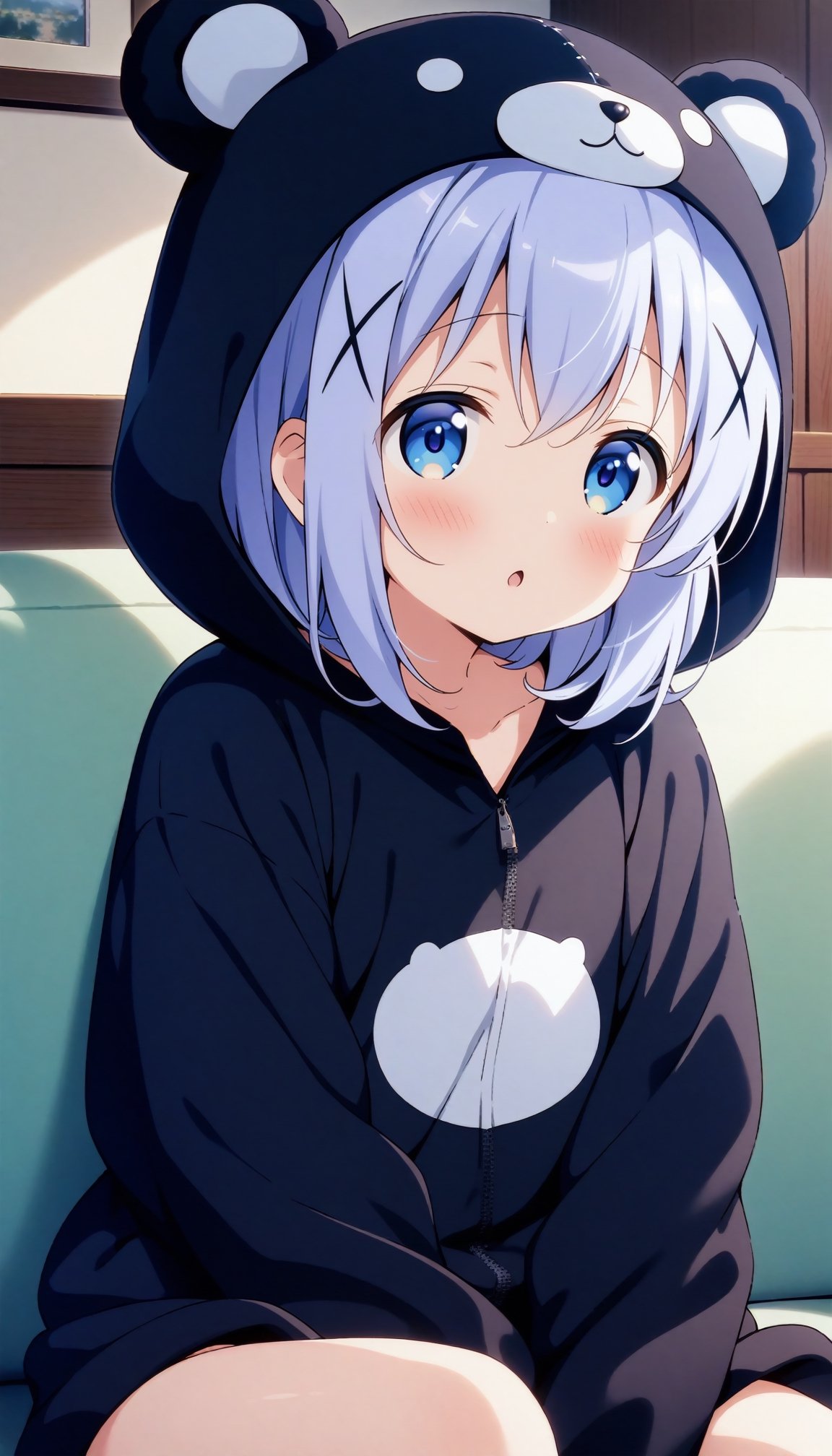 1girl, kafuu chino, gochuumon wa usagi desu ka?, kawaii, blue hair, blue eyes, x hair ornament, :o, bear costume, kigurumi, sitting, couch, living room, straight on, masterpiece, best quality, very aesthetic, absurdres