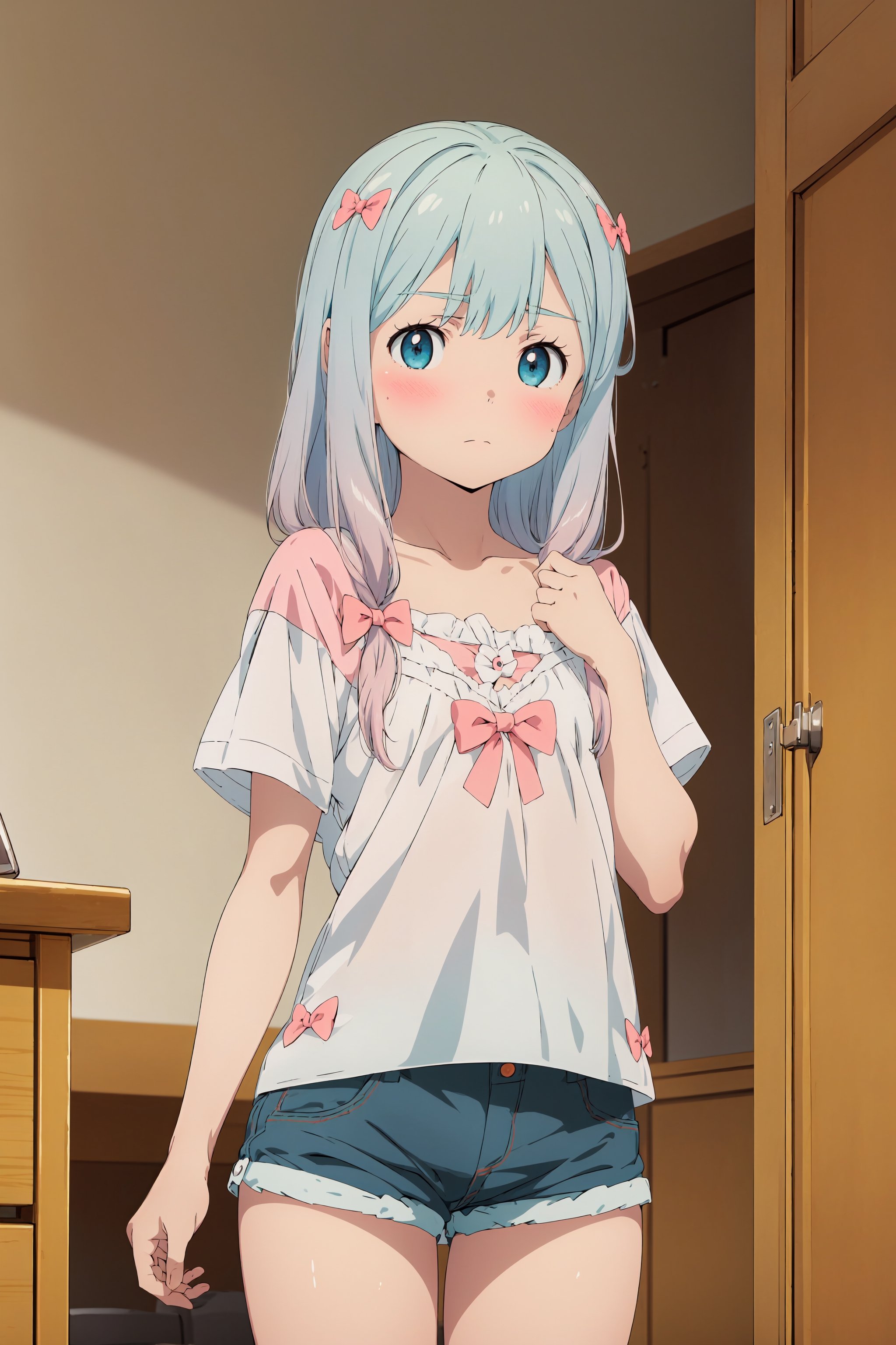 (masterpiece:1.2), best quality, absurdres, highres, (official art, beautiful and aesthetic:1.2), 1girl, izumi sagiri, cute, shy, loli, shirt, flat chest, short shorts, closed mouth, big eyes, blue eyes, pink bow, hair bow, blush, indoors