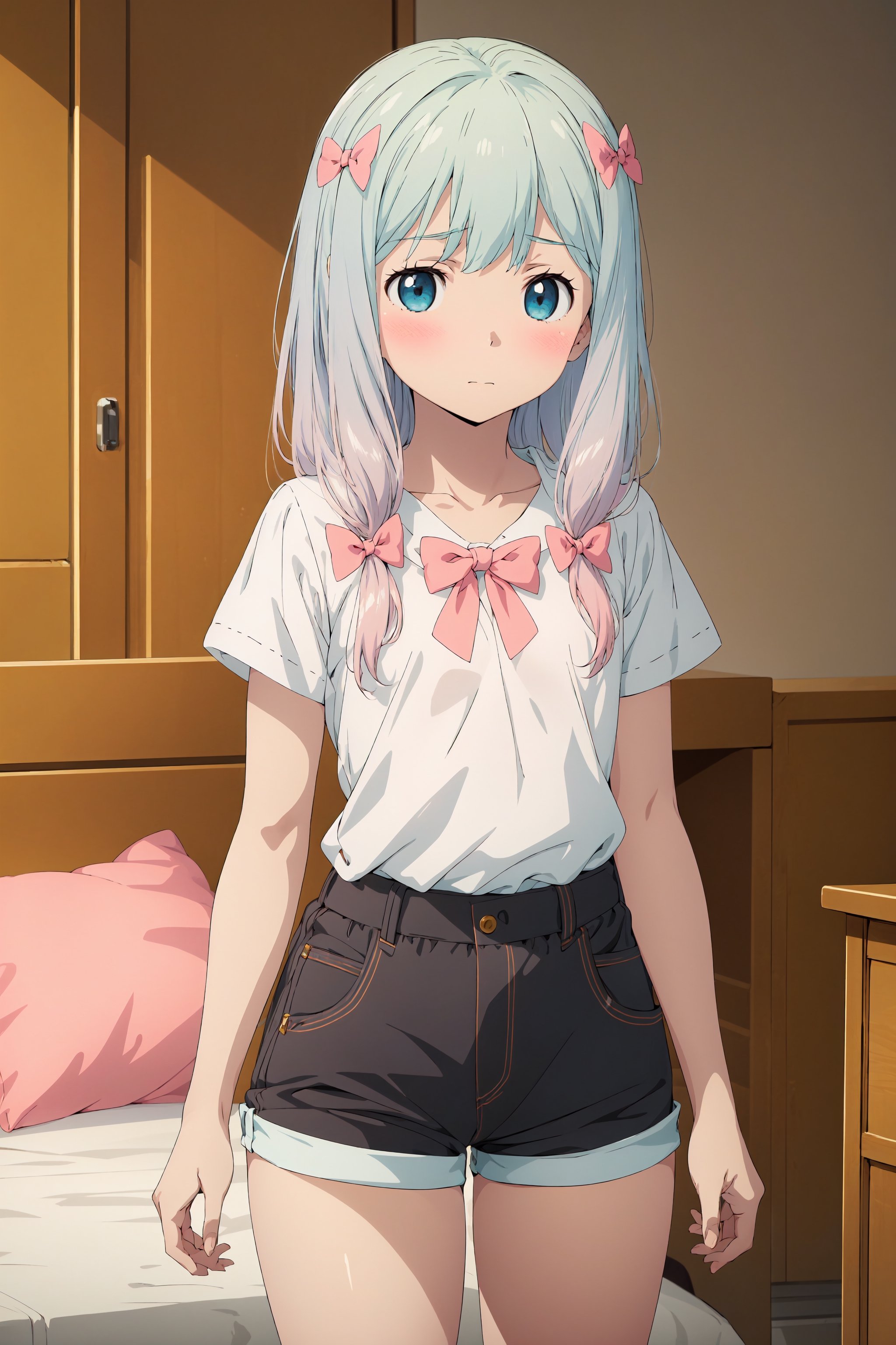 (masterpiece:1.2), best quality, absurdres, highres, (official art, beautiful and aesthetic:1.2), 1girl, izumi sagiri, cute, shy, loli, shirt, flat chest, short shorts, closed mouth, big eyes, blue eyes, pink bow, hair bow, blush, indoors