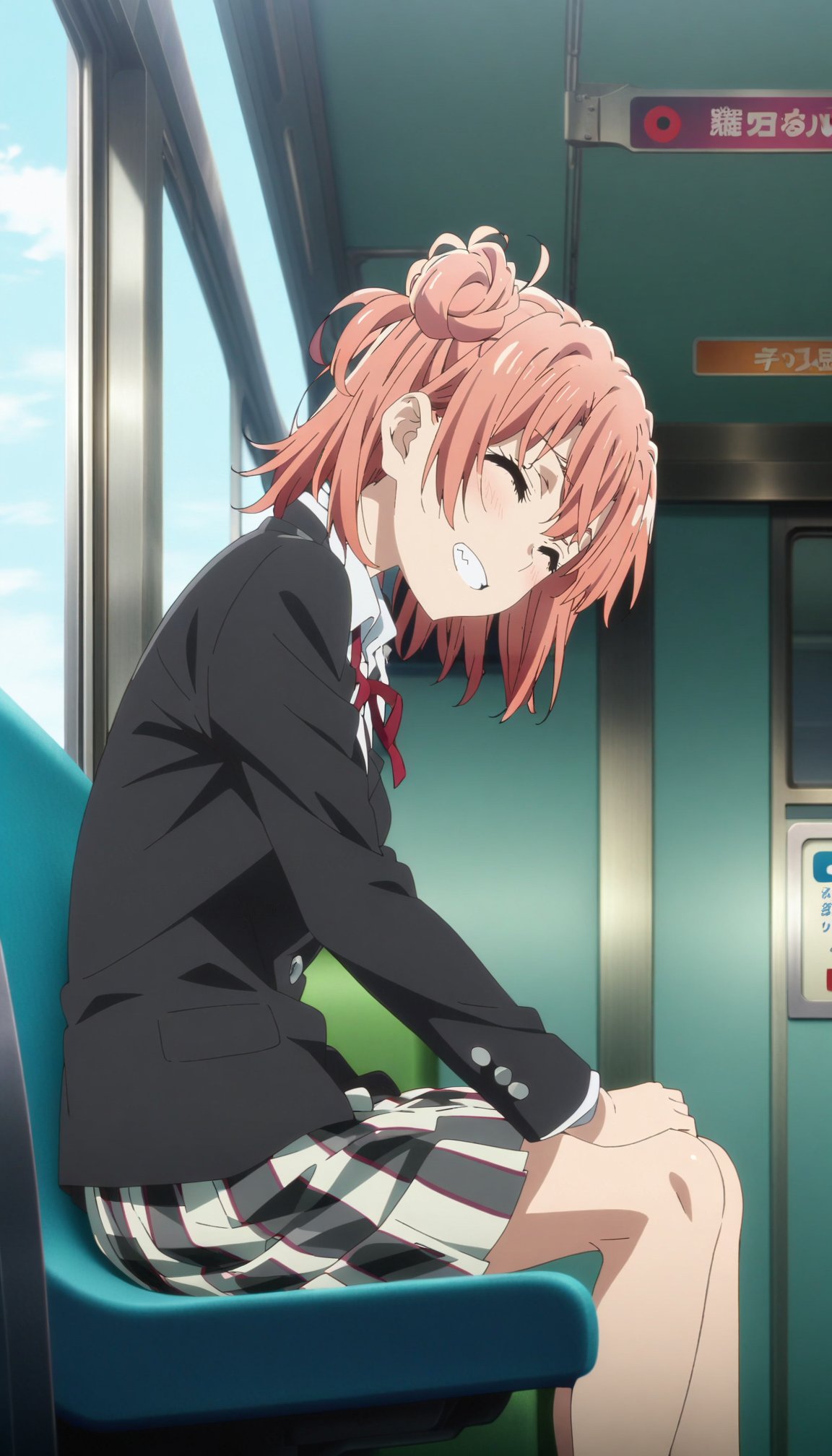 1girl, yuigahama yui, 
yahari ore no seishun lovecome wa machigatteiru, school uniform, blazer, plaid skirt, closed eyes, grin, head tilt, from side, sitting, train interior, masterpiece, best quality, very aesthetic, absurdres, anime screencap, fake screenshot