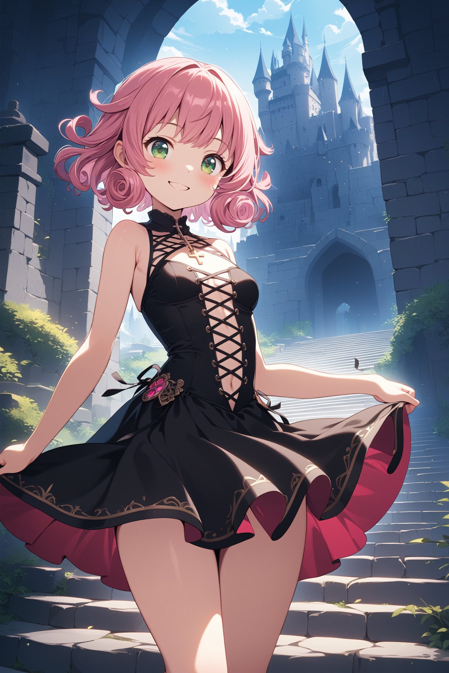 1girl, cute, pink hair, short hair, curly hair, green eyes,  detailed black dress, cross-laced clothes, sleeveless, small breasts, smile, cowboy shot, solo, stone stairs, castle, fantasy, masterpiece, best quality, very aesthetic, absurdres, vibrant colors, intricate details, cinematic lighting, illustration
