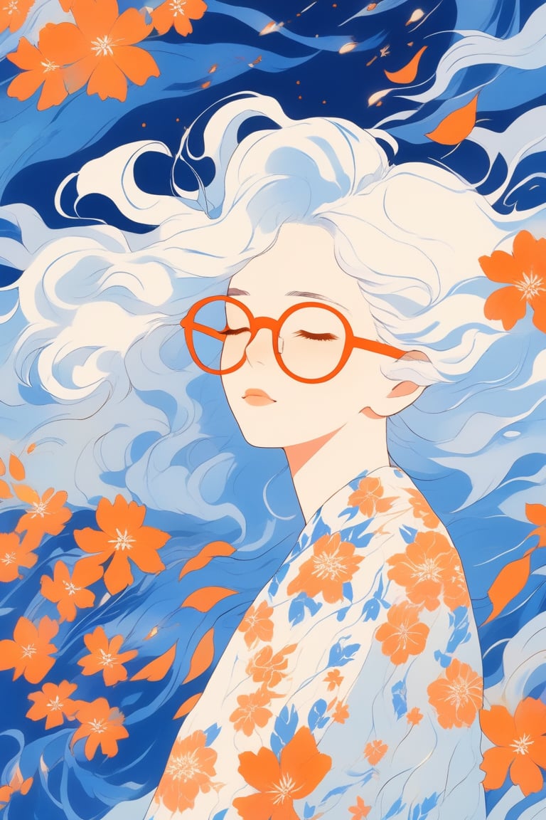 (niji style) 1girl, solo, wavy hair, hair decoration, white hair, closed eyes, upper body shot, (windy:1.5),glasses,dress with floral print,blue and orange tone impression