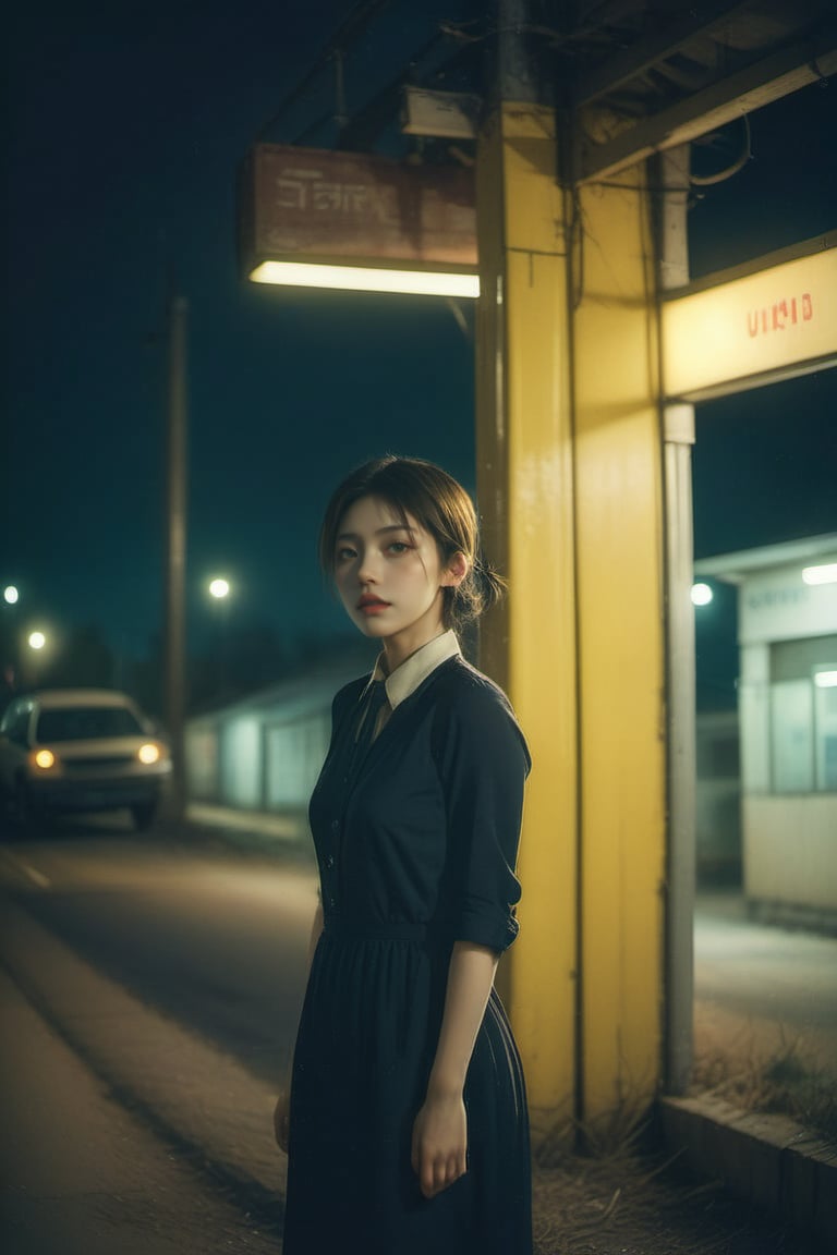 a girl standing alone in front of an old, shabby, unlit transit station in a deserted countryside on a dark night, film grain, depth of field, analog film style, vivid color, 1girl, slender body, full body, beautiful eyes, beautiful symmetrical face, ponytail, bangs, blouse, skirt, fog, (night, dark, dark photo, grainy, dimly lit:1.3), (masterpiece:1.2), best quality, high quality, (realistic), (absurdres:1.2), UHD, ultrarealistic,,japan vibes,