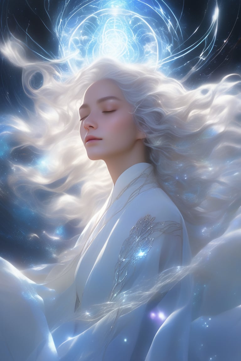 (niji style),1girl, solo,wavy hair, hair decoration,white hair, closed eyes, upper body shot,(windy:1.5), detailed background, detailed face, seer, psychic powers, awareness, dynamic pose, levitation, enchantment, precognition, clairvoyance, thought projection, manipulation, mysterious lighting, mystic atmosphere