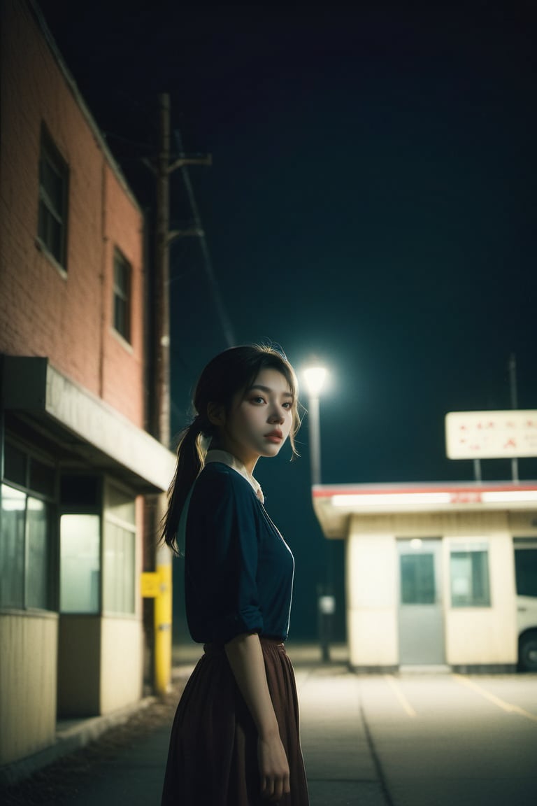 a girl standing alone in front of an old, shabby, unlit transit station in a deserted countryside on a dark night, film grain, depth of field, analog film style, vivid color, 1girl, slender body, full body, beautiful eyes, beautiful symmetrical face, ponytail, bangs, blouse, skirt, fog, (night, dark, dark photo, grainy, dimly lit:1.3), (masterpiece:1.2), best quality, high quality, (realistic), (absurdres:1.2), UHD, ultrarealistic,,japan vibes,