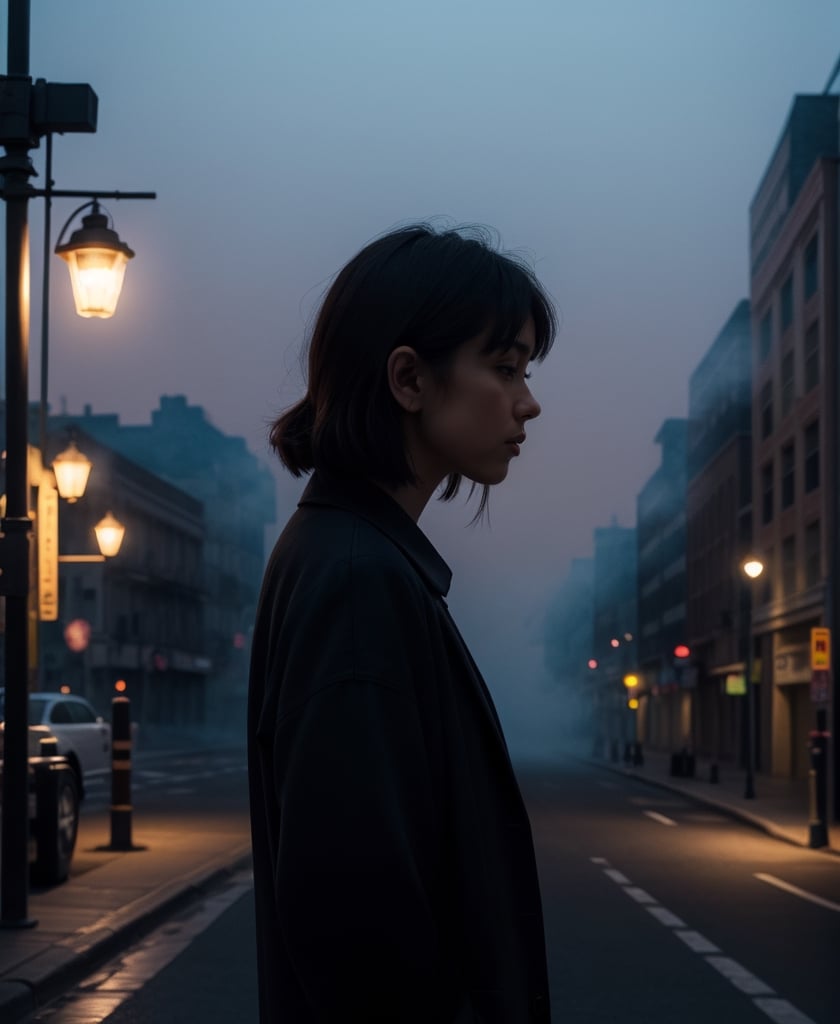 extremely delicate and beautiful, Amazing, finely detail, ultra-detailed, highres, best illustration, best shadow, intricate, depth of field, sharp focus, volumetric fog, 8k UHD, DSLR, high quality, deep shadow, low key, 1girl, a weak girl, upper body shot, black coat, night, soft light, sad, (street background), warm tones, soft shadows, vibrant colors, hazy glow, painterly effect, dreamy atmosphere