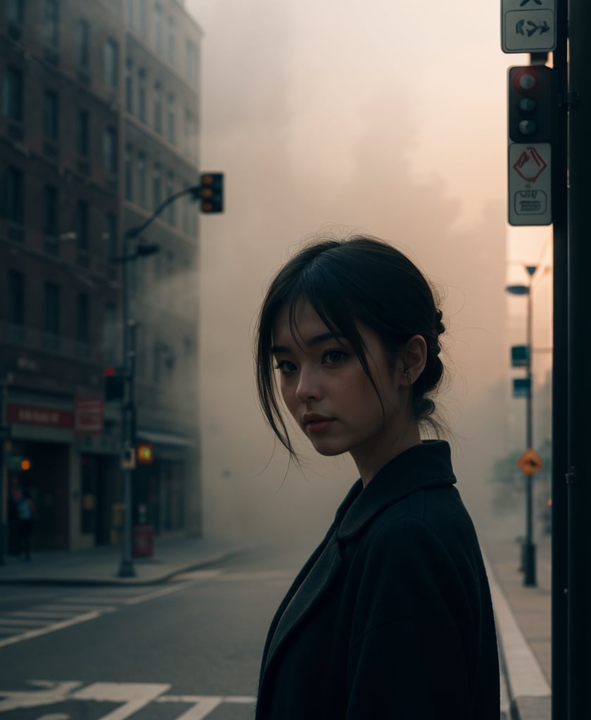 extremely delicate and beautiful, Amazing, finely detail, ultra-detailed, highres, best illustration, best shadow, intricate, depth of field, sharp focus, volumetric fog, 8k UHD, DSLR, high quality, deep shadow, low key, 1girl, a weak girl, upper body shot, black coat, night, soft light, sad, (street background), warm tones, soft shadows, vibrant colors, hazy glow, painterly effect, dreamy atmosphere