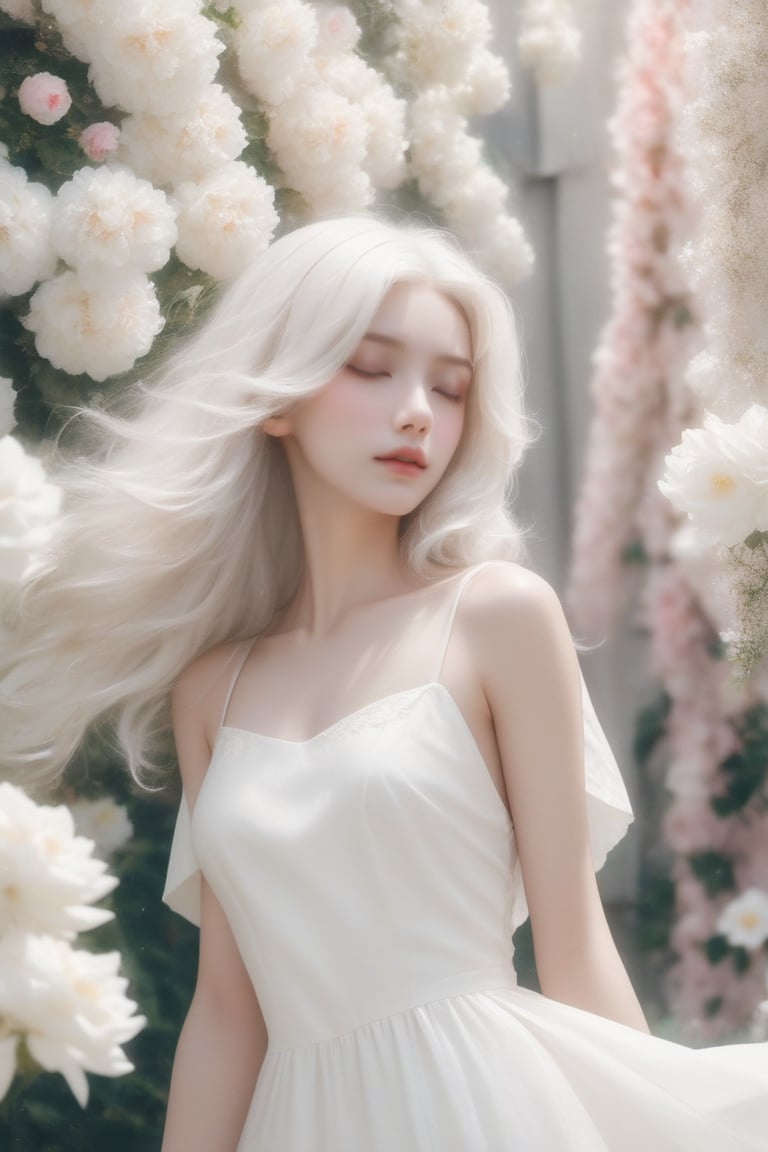 niji style, realistic,girly,solo,a beautiful woman in a white dress standing in front of a (flower covered wall) with white flowers on it,hair decoration, wavy hair, white hair,(windy:1.5) upper body shot, eyes closed,