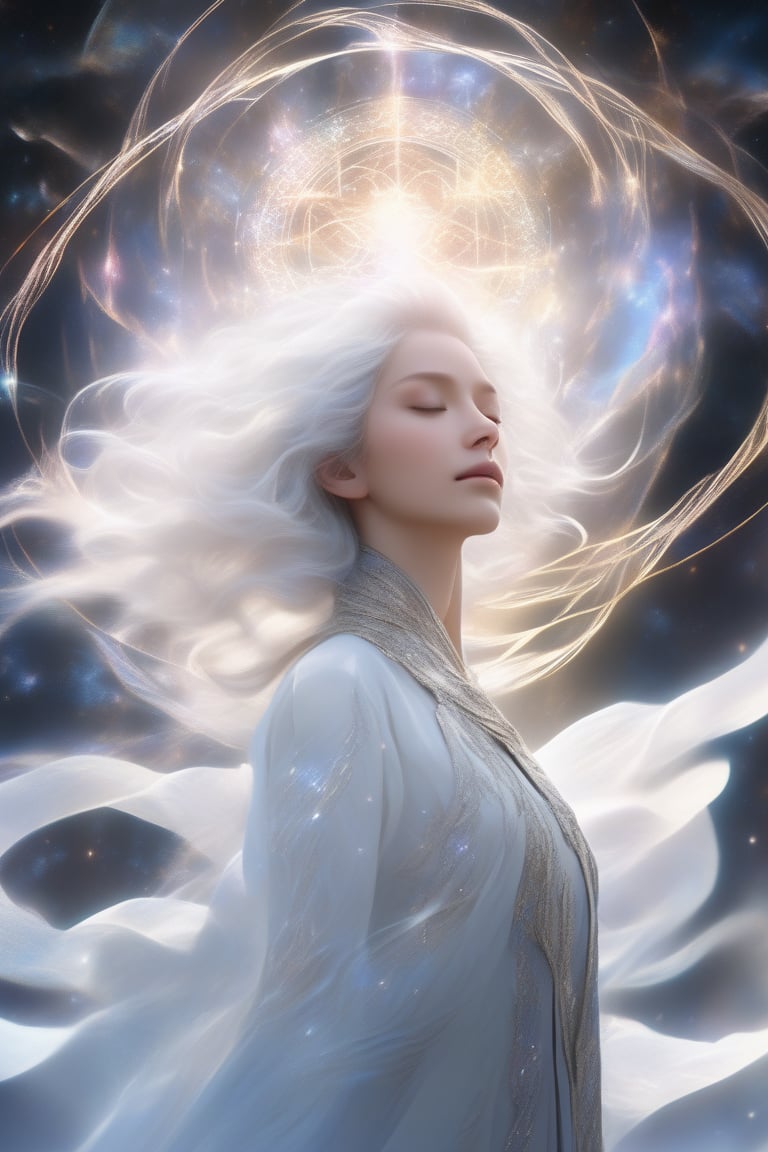 (niji style),1girl, solo,wavy hair, hair decoration,white hair, closed eyes, upper body shot,(windy:1.5), detailed background, detailed face, seer, psychic powers, awareness, dynamic pose, levitation, enchantment, precognition, clairvoyance, thought projection, manipulation, mysterious lighting, mystic atmosphere
