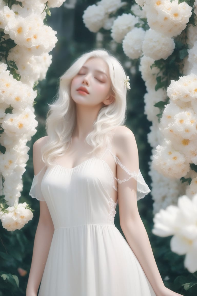 niji style, realistic,girly,solo,a beautiful woman in a white dress standing in front of a (flower covered wall) with white flowers on it,hair decoration, wavy hair, white hair, upper body shot, eyes closed,
