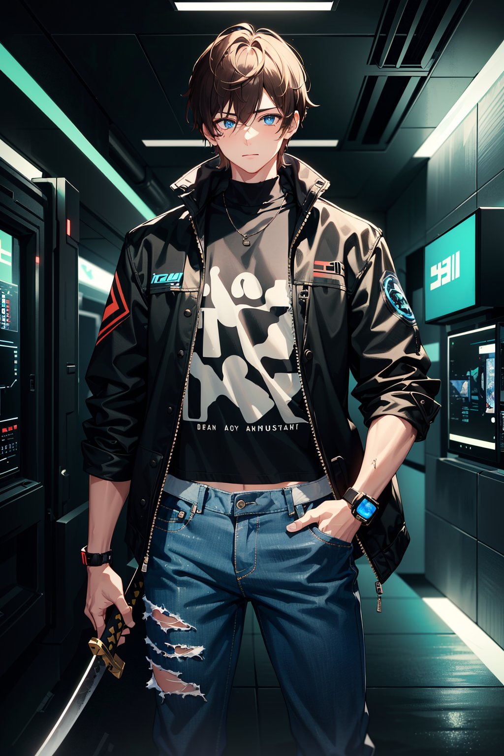 1boy, masterpiece, sole_male, muscular_body, neon_light, two_katanas, katanas_in _hands, brown-hair, blue_eyes, cyberpunk__clothes, neons_jacket, denim_jean, complex_background, military_boots, (black_tshirt with complex logo)