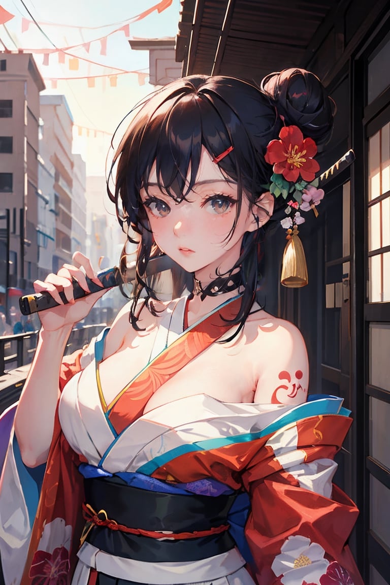 female, ((masterpiece, best quality, ultra detailed, absurdres),breasts,looking at viewer,blush,hair ornament,bare shoulders,upper body,japanese clothes,sword,kimono,off shoulder,hair bun,sash,tattoo,mask,holding sword,floral print,katana,sheathed,hairpin,arm tattoo,shoulder tattoo
