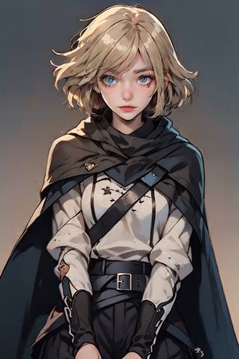 female, ((masterpiece, best quality, ultra detailed, absurdres),
heterochromia ,neia, bags_under_eyes, white shirt, black cloak, brown pants, thigh boots, belt, small pupils,retro,SharpEyess, archer