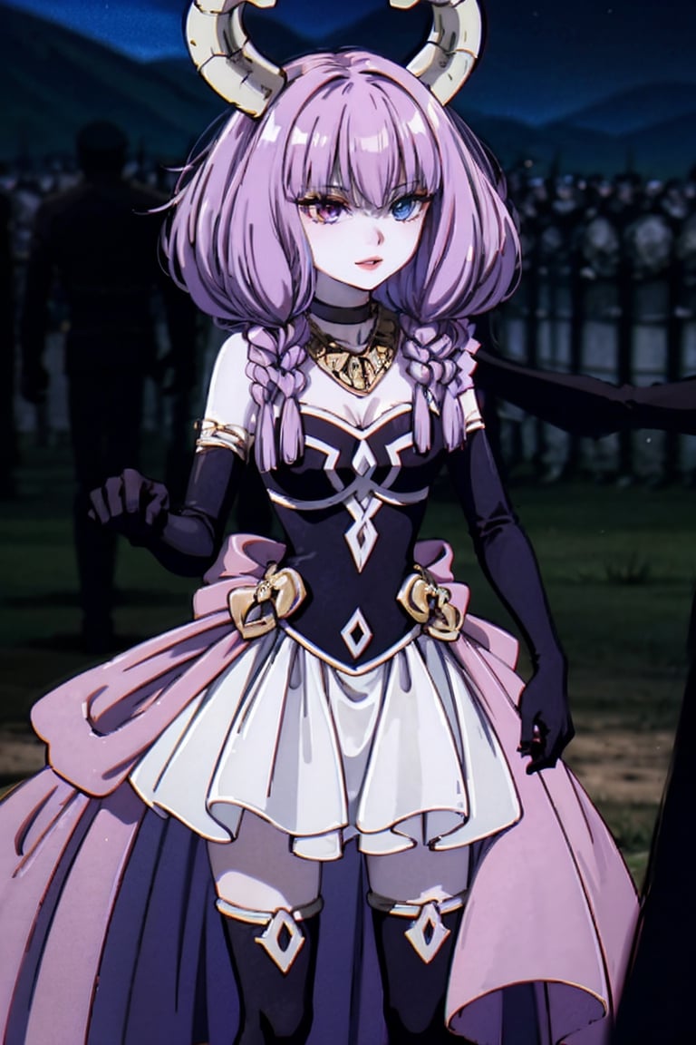 (masterpiece,  top quality,  best quality,  official art,  beautiful and aesthetic:1.2),  (1girl:1.3),  heterochromia , aura the guillotine, long hair, (purple eyes:1.1), purple hair, braid, horns, twin braids,skirt, thighhighs, gloves, choker, black gloves, elbow gloves, ,aura the guillotine, shadows summoning undead soldiers
