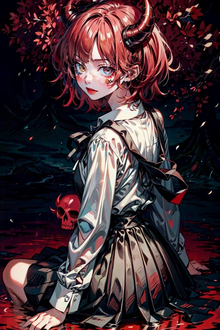 female,(masterpiece, best quality, ultra detailed, absurdres)1.5,white shirt black dress neck ribbon,1girl short hair,demonictech, red hair, bangs, sitting, from_behind, looking_at_viewer 