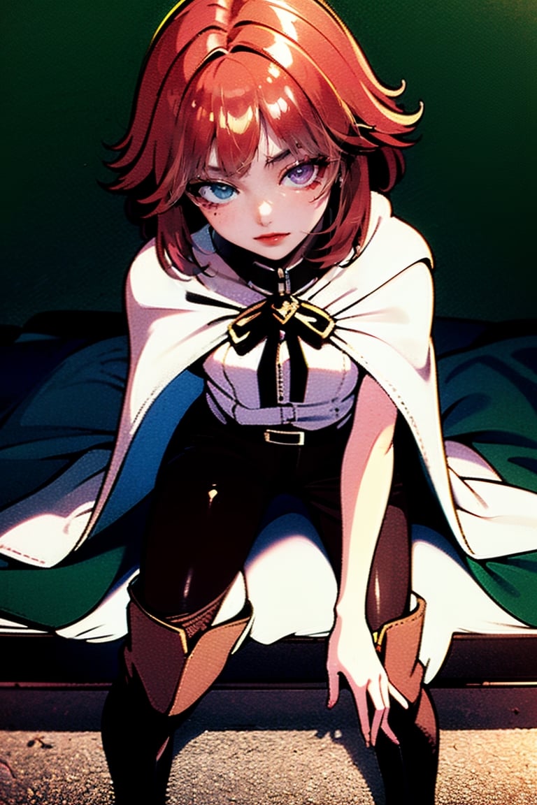 female, ((masterpiece, best quality, ultra detailed, absurdres),
heterochromia ,neia, bags_under_eyes, white shirt, black cloak, brown pants, thigh boots, belt, small pupils,retro,SharpEyess, sitting, on knees,Sexy Pose,standingDoggystyle, from above