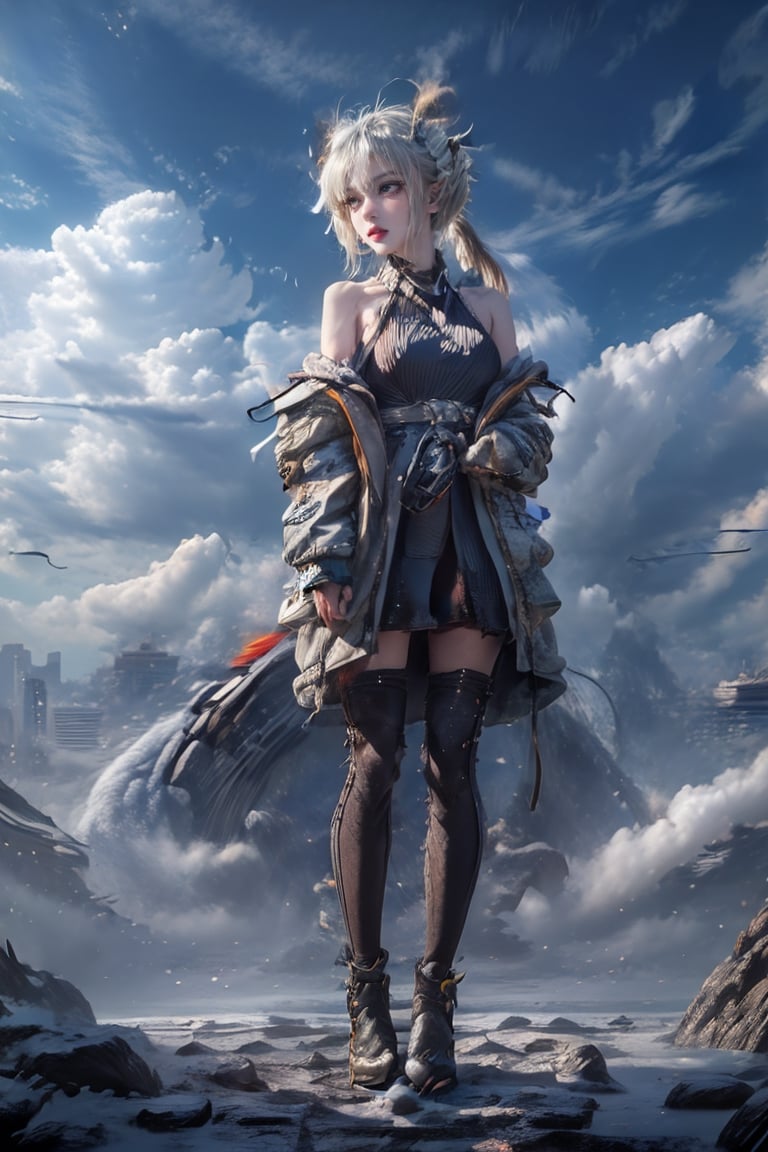 female, ((masterpiece, best quality, ultra detailed, absurdres):1.5),official art, unity 8k wallpaper, ultra detailed, beautiful and aesthetic, masterpiece, best quality, realistic, noir, bare shoulders, jacket, low ponytail, ponytail, pantyhose, sleeveless, off shoulder, open jacket, black jacket, black pantyhose, (white dress), necklace,noir,urban techwear,mecha dragon