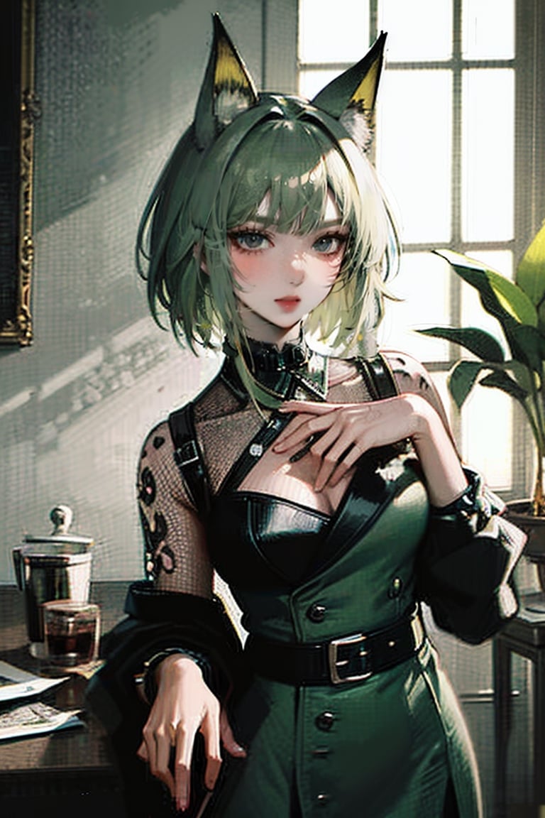 female, ((masterpiece, best quality, ultra detailed, absurdres):1.5),official art, unity 8k wallpaper, ultra detailed, beautiful and aesthetic, masterpiece, best quality, realistic, masterpiece, highres, high quality, indoors, 1girl, solo, green eyes, gradient hair, kaldef, animal ears