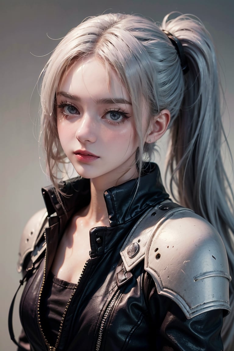 female, ((masterpiece, best quality, ultra detailed, absurdres), ubel, medium hair, hair between eyes, white hair, side ponytail, (purple eyes:1.1),sephiroth , very long hair, 