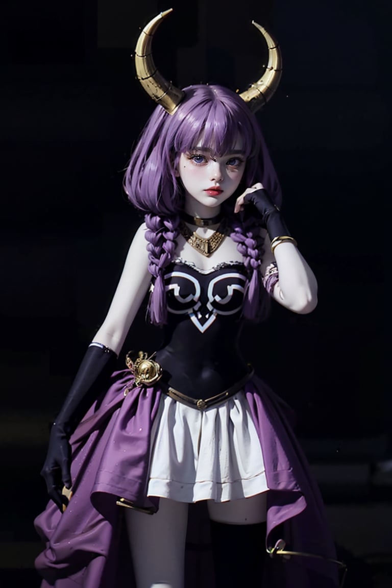 (masterpiece,  top quality,  best quality,  official art,  beautiful and aesthetic:1.2),  (1girl:1.3),  heterochromia , aura the guillotine, long hair, (purple eyes:1.1), purple hair, braid, horns, twin braids,skirt, thighhighs, gloves, choker, black gloves, elbow gloves, ,aura the guillotine