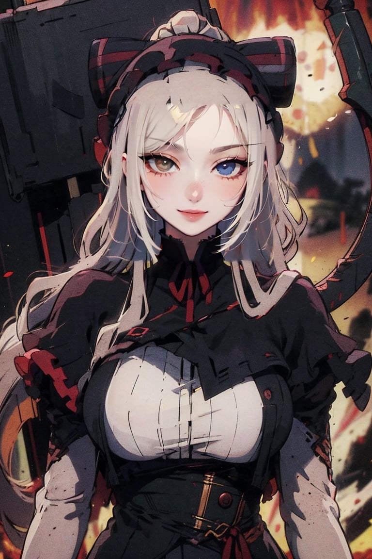 female, ((masterpiece, best quality, ultra detailed, absurdres),
heterochromia , sharp_teeth,shalltear bloodfallen, scythe