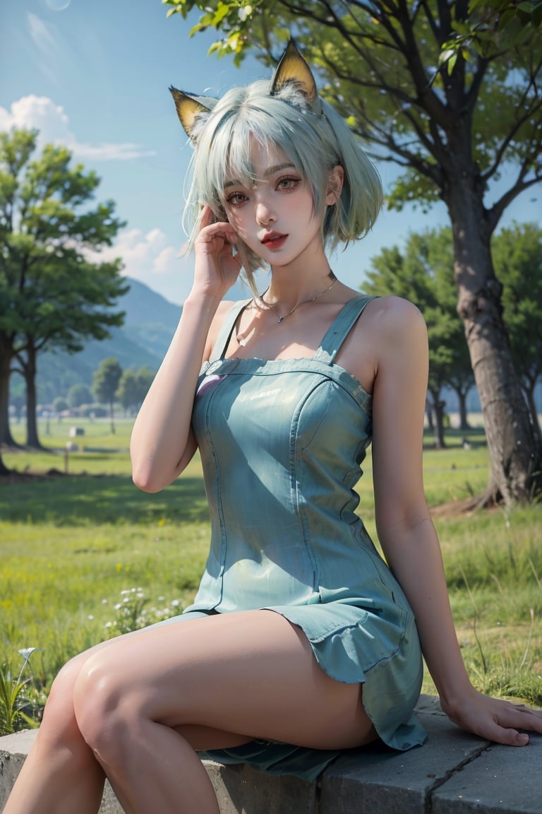 female, ((masterpiece, best quality, ultra detailed, absurdres):1.5),official art, unity 8k wallpaper, ultra detailed, beautiful and aesthetic, masterpiece, best quality, realistic, kaldef, green short dress, ultra quality, sharp focus, 8K UHD, highly detailed glossy eyes, ultra quality, green eyes, 1girl, masterpiece, best quality, hair blowing, looking at viewer, blue sky, meadow, sitting, tree, gradient hair, hand on own hair