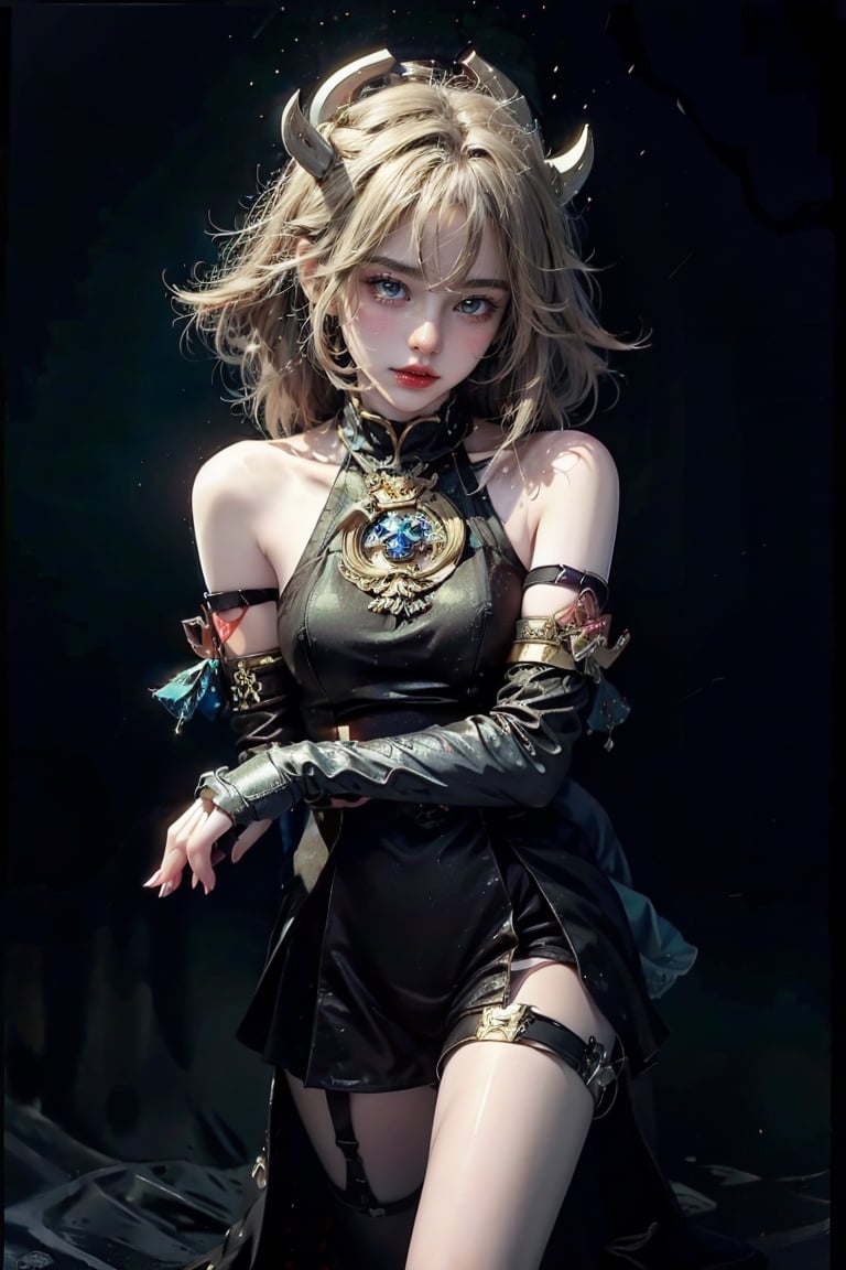 (masterpiece, top quality, best quality, official art, beautiful and aesthetic:1.2), (1girl:1.3), heterochromia, SharpEyess , mismatched gloves, thigh strap,  fantasy background, water,demonictech,killer