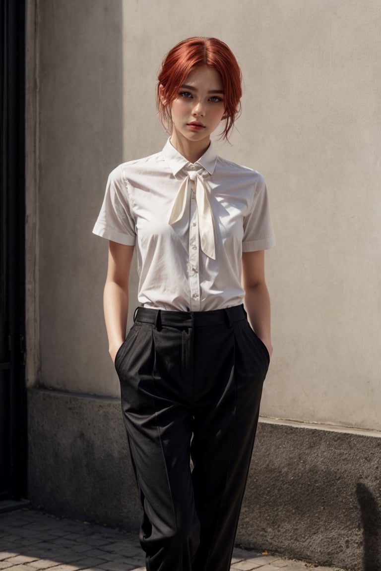 (masterpiece,  top quality,  best quality,  official art,  beautiful and aesthetic:1.2),  (1girl:1.3),  heterochromia , photorealistic,red hair, shirt, tie, black trousers, long_pants,photorealistic