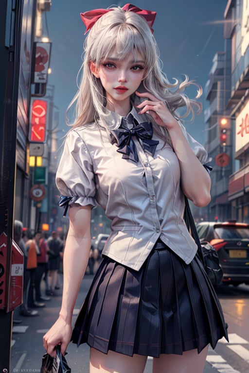 8k, RAW photo, best quality, masterpiece:1.3),(realistic,photo-realistic:1.37),(night),(looking at viewer:1.331),(white hair),posing,Tokyo street,nightcityscape, , cyberpunk city,soft light,1girl,extremely beautiful face,bust,put down hands,Random hairstyle,Random expression,big eyes, ,lower abdomen,(short-sleeved JK_shirt),JK_style,(dark blue JK_skirt) ,(bow JK_tie),,mix4art by artgerm and greg rutkowski and alphonse mucha,short-sleeved JK_shirt