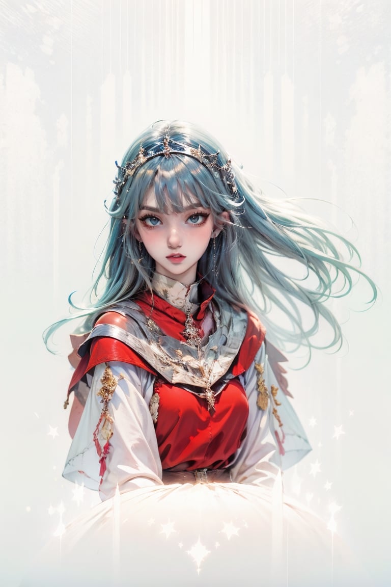 female, ((masterpiece, best quality, ultra detailed, absurdres),  solo, short hair, breasts, looking at viewer, hime cut, 25 years old,Short blonde hair, hime cut,Blue eyes, tiara,light armor, Long sword worn at the waist, ice, wlop art, donghua, scarf, hood, sitting on throne, full body shot, throne