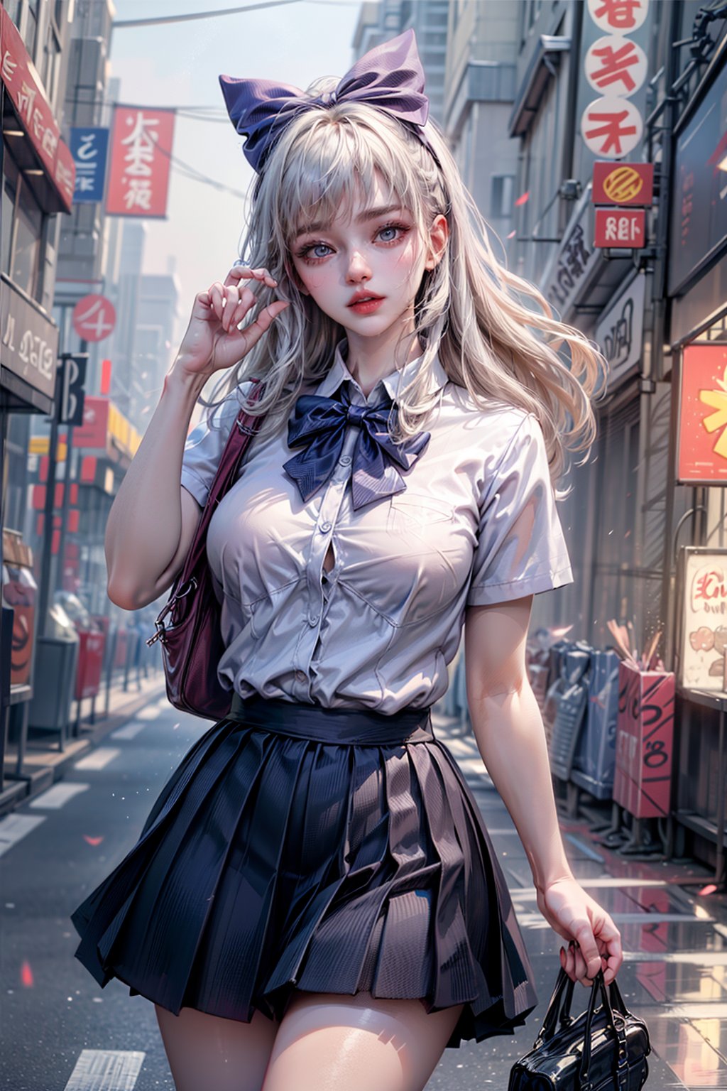 8k, RAW photo, best quality, masterpiece:1.3),(realistic,photo-realistic:1.37),(night),(looking at viewer:1.331),(white hair),posing,Tokyo street,nightcityscape, , cyberpunk city,soft light,1girl,extremely beautiful face,bust,put down hands,Random hairstyle,Random expression,big eyes, ,lower abdomen,(short-sleeved JK_shirt),JK_style,(dark blue JK_skirt) ,(bow JK_tie),,mix4art by artgerm and greg rutkowski and alphonse mucha,short-sleeved JK_shirt