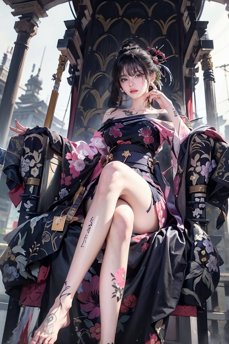 female, ((masterpiece, best quality, ultra detailed, absurdres),breasts,looking at viewer,blush,hair ornament,bare shoulders,upper body,japanese clothes,sword,kimono,off shoulder,hair bun,sash,tattoo,mask,holding sword,floral print,katana,sheathed,hairpin,arm tattoo,shoulder tattoo
,urban techwear