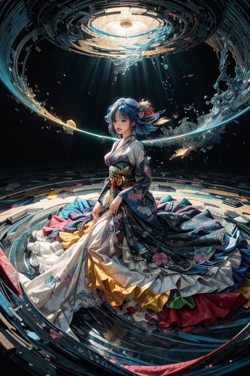 4k,1girl,high_res, rainbow theme, colorful theme, colorful kimono, astract background, trending on artstation, by wlop, traditional,  blue hair,japanese_clothes, traditional long skirt,traditional_japanese_clothes,1 girl,Dreamwave,(masterpiece, best quality, absurdres:1.4),(highly detailed CG illustration),highly detailed,colorful,vivid color,