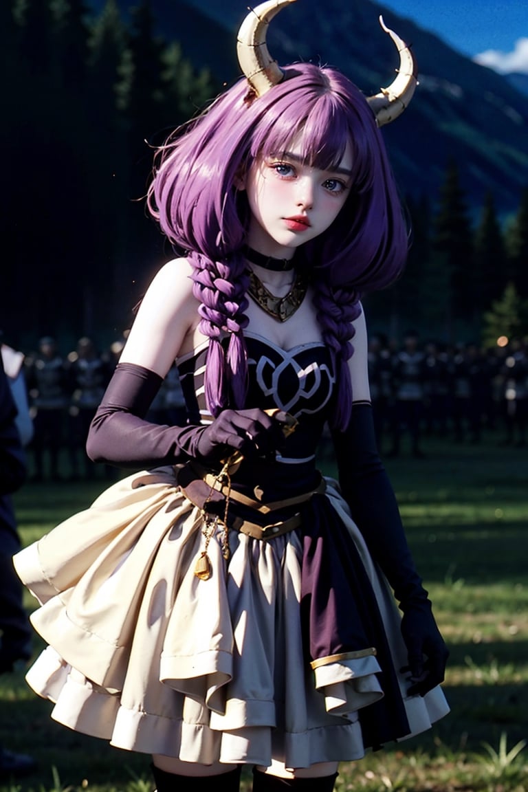 (masterpiece,  top quality,  best quality,  official art,  beautiful and aesthetic:1.2),  (1girl:1.3),  heterochromia , aura the guillotine, long hair, (purple eyes:1.1), purple hair, braid, horns, twin braids,skirt, thighhighs, gloves, choker, black gloves, elbow gloves, ,aura the guillotine