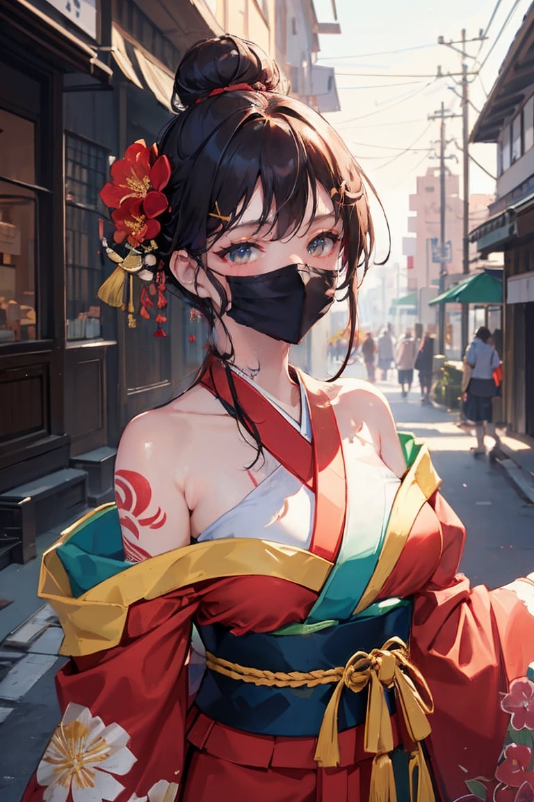 female, ((masterpiece, best quality, ultra detailed, absurdres),breasts,looking at viewer,blush,hair ornament,bare shoulders,upper body,japanese clothes,sword,kimono,off shoulder,hair bun,sash,tattoo,mask,holding sword,floral print,katana,sheathed,hairpin,arm tattoo,shoulder tattoo
