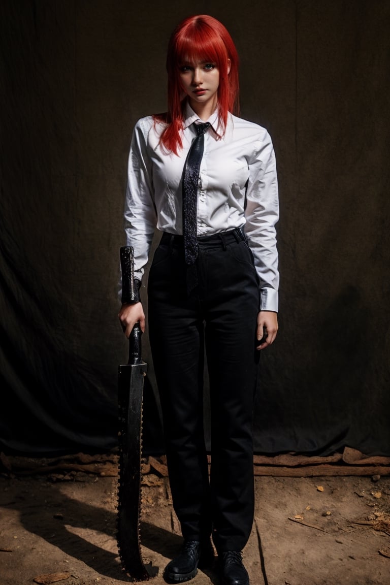 young girl, red hair, shirt, tie, black trousers, long_pants,photorealistic,makima (chainsaw man),makima(chainsaw man)