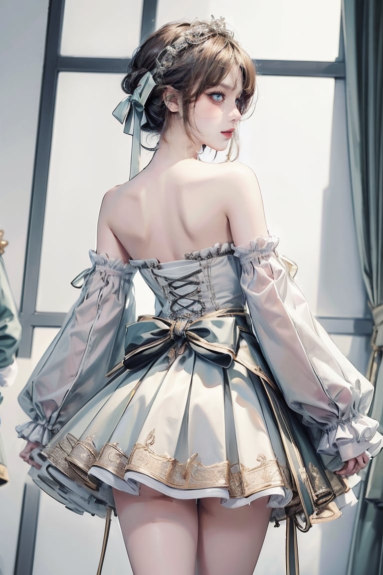 female, ((masterpiece, best quality, ultra detailed, absurdres):1.5), 1girl, bangs, beautiful, bow, ribbon, bare shoulders, frills, detached sleeves, white dress, sleeves past wrists, strapless, frilled dress, strapless dress, viewed_from_behind