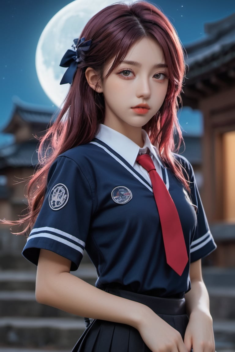 (8k, RAW photo, best quality, masterpiece:1.3),(realistic,photo-realistic:1.37),(night),(looking at viewer),([blue|pink] hair),posing,soft light,1girl,school uniform,extremely beautiful face,bust,put down hands,(short-sleeved 
JK_shirt),JK_style,(dark blue JK_skirt) ,(bow JK_tie),and alphonse mucha,short-sleeved JK_shirt ,school_uniform,school_girl, full moon behind, fantasy, warrior girl,japanese,xxmix_girl,cyborg style