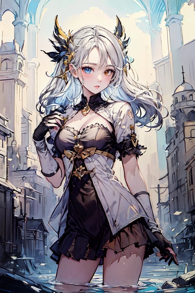 (masterpiece, top quality, best quality, official art, beautiful and aesthetic:1.2), (1girl:1.3), heterochromia, SharpEyess, mismatched gloves, thigh strap, fantasy background, water,(Pencil_Sketch:1.2