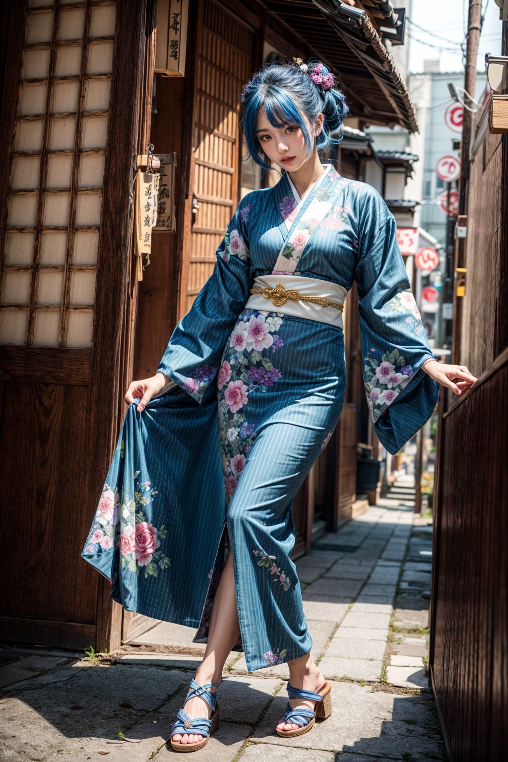 4k,1girl,high_res, rainbow theme, colorful theme, colorful kimono, astract background, trending on artstation, by wlop, traditional,  blue hair,japanese_clothes, traditional long skirt,traditional_japanese_clothes,1 girl,Dreamwave